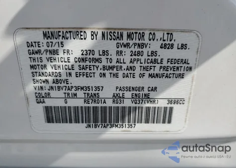 2015 Infiniti Q50 Base from USA, damaged, VIN JN1BV7AP3FM351357